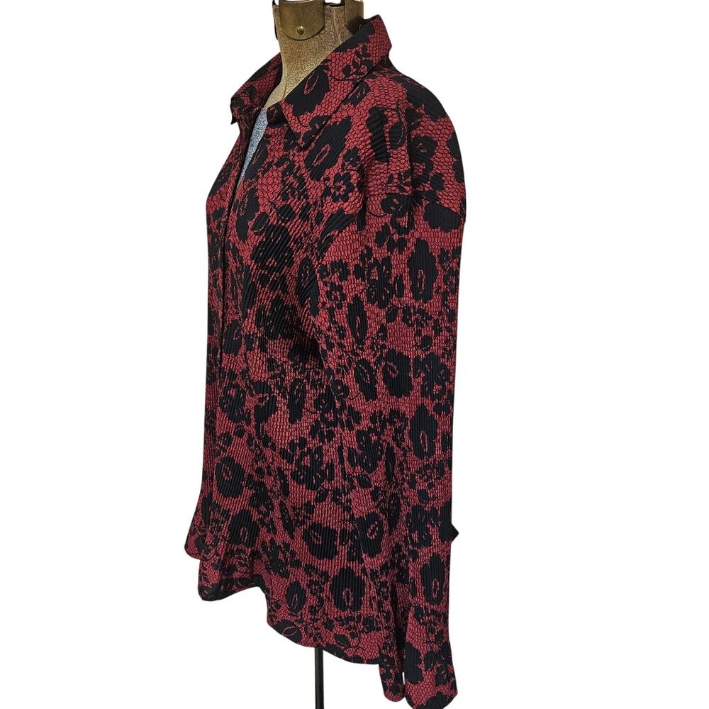 Fred David Blouse Womens 2X Red Black Floral Long Sleeve Crinkle Top Stretch - Picture 4 of 7